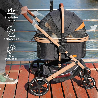 EchoSmile 4 in 1 Pet Stroller, Folding Lightweight Cat &amp; Dog Stroller with Detachable Carrier, NO-Zip 180° Reversible Canopy, All Terrain 4-Wheel,45 lbs Capacity for Small to Medium Dogs
