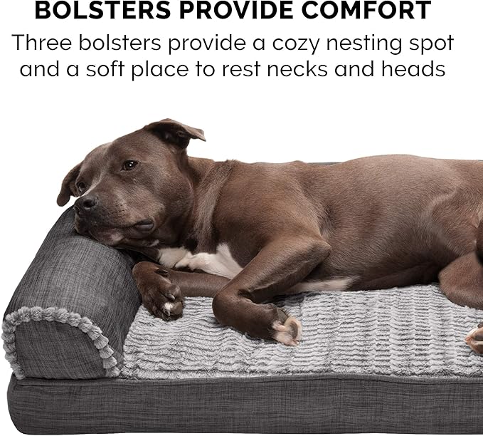 Furhaven Orthopedic Dog Bed for Large/Medium Dogs w/ Removable Bolsters &amp; Washable Cover, For Dogs Up to 55 lbs - Luxe Faux Fur &amp; Performance Linen Sofa - Charcoal, Large
