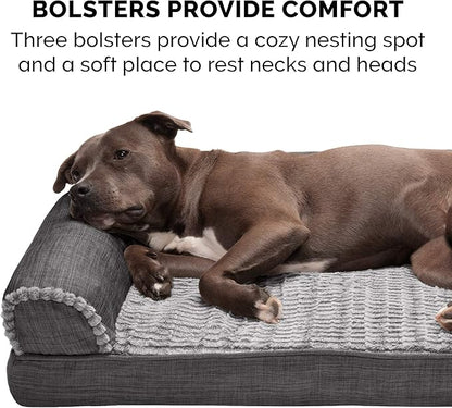 Furhaven Orthopedic Dog Bed for Large/Medium Dogs w/ Removable Bolsters &amp; Washable Cover, For Dogs Up to 55 lbs - Luxe Faux Fur &amp; Performance Linen Sofa - Charcoal, Large