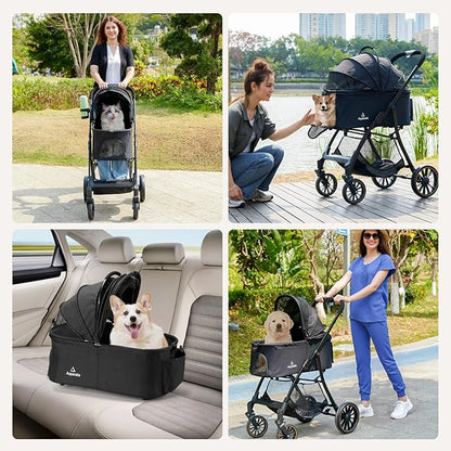 Pet Stroller for Small/Medium Dogs &amp; Cats up to 55 lbs, Upgraded 4 Wheels Dog Stroller for Large Dogs, 3-in-1 Foldable Portable Travel Carrier for 2 Cats with Storage Basket and Cupholder