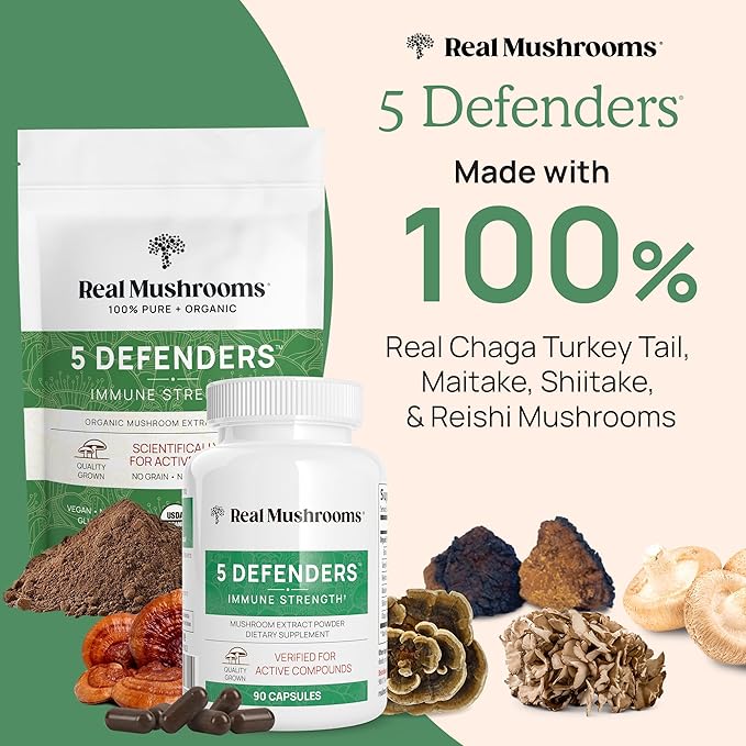 Real Mushrooms 5 Defenders Mushroom Complex Powder – Organic Mushrooms Extract from Chaga, Reishi, Turkey Tail, Maitake &amp; Shiitake Mushroom Blend for Wellness Support with Beta Glucans - 100 Servings