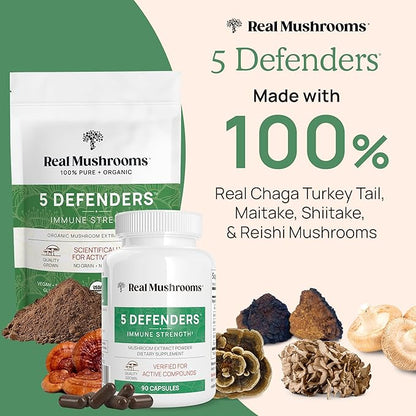 Real Mushrooms 5 Defenders Mushroom Complex Powder – Organic Mushrooms Extract from Chaga, Reishi, Turkey Tail, Maitake &amp; Shiitake Mushroom Blend for Wellness Support with Beta Glucans - 100 Servings