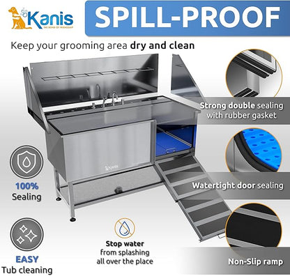 KANIS Professional Dog Washing Station - 304 Stainless Steel Pet Wash Sink &amp; Grooming Bath Tub for Home with Ramp, Shower, Floor Grate, Storage Shelf, Faucet, Drain Kit for Large, Medium &amp; Small Pets