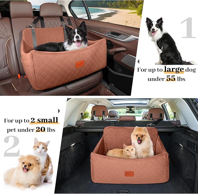 Dog Car Seat for Medium &amp; Large Dogs Up to 55lbs, Memory Foam Cushion, Washable Cover, Safety Straps &amp; Non-Slip Base (Brown, Large)