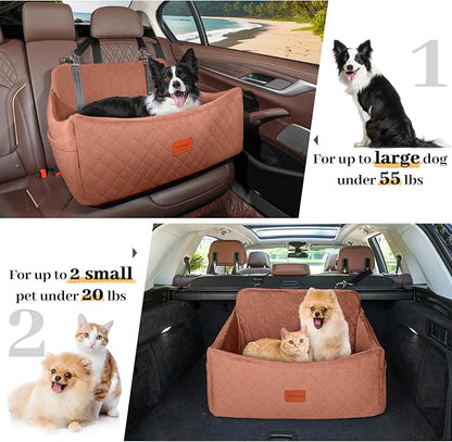 Dog Car Seat for Medium &amp; Large Dogs Up to 55lbs, Memory Foam Cushion, Washable Cover, Safety Straps &amp; Non-Slip Base (Brown, Large)