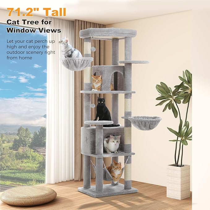 71.2" Tall Cat Tree for Indoor Cats - 9-Level Multi-Cat Tower w/5 Sisal Scratching Posts, 2 Condos, 3 Hammocks, Perch &amp; Pom Poms - Heavy-Duty for Adult Cats, Space-Saving Plush Gray