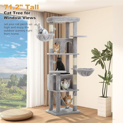 71.2" Tall Cat Tree for Indoor Cats - 9-Level Multi-Cat Tower w/5 Sisal Scratching Posts, 2 Condos, 3 Hammocks, Perch &amp; Pom Poms - Heavy-Duty for Adult Cats, Space-Saving Plush Gray