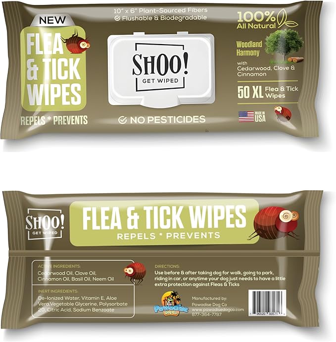 Shoo! Flea &amp; Tick Wipes for Dogs | Convenient, Easy On-The-Go Protection | Plant Based, Natural Oils, Chemical Free | Repels &amp; Prevents | 50 XL Wipes | (Woodland Harmony)
