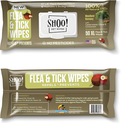 Shoo! Flea &amp; Tick Wipes for Dogs | Convenient, Easy On-The-Go Protection | Plant Based, Natural Oils, Chemical Free | Repels &amp; Prevents | 50 XL Wipes | (Woodland Harmony)
