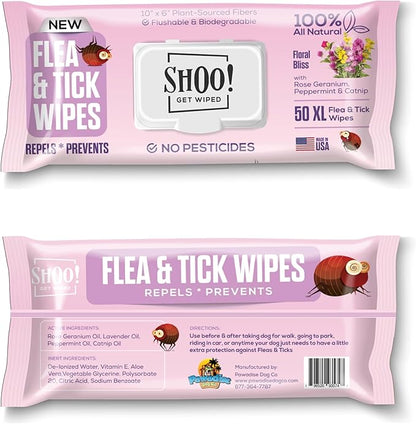 Shoo! Flea &amp; Tick Wipes for Dogs | Convenient, Easy On-The-Go Protection | Plant Based, Natural Oils, Chemical Free | Repels &amp; Prevents | 50 XL Wipes | (Floral Bliss)