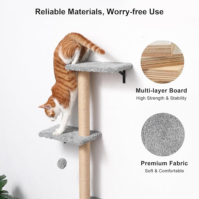 FUKUMARU Cat Wall Shelves, Stable &amp; Safe 4 in 1 Cat Furniture Set, Wooden Climbing Wall with Scratching Post for 16 Inch Drywall - Light Gray