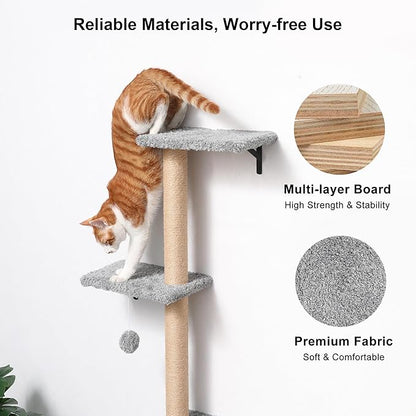 FUKUMARU Cat Wall Shelves, Stable &amp; Safe 4 in 1 Cat Furniture Set, Wooden Climbing Wall with Scratching Post for 16 Inch Drywall - Light Gray