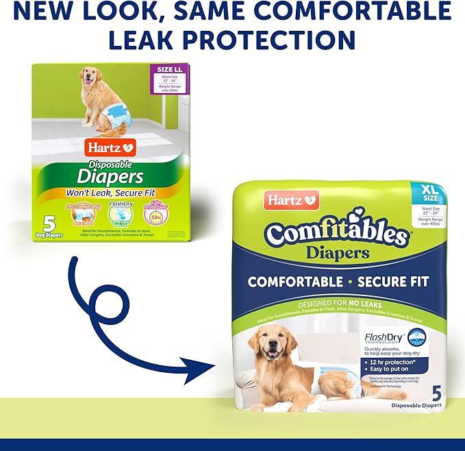 New! Hartz® Comfitables® Disposable Dog Diapers, Size XL 5 count, Comfortable &amp; Secure Fit, Easy to Put On, Super Absorbent Male and Female Diaper