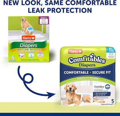 New! Hartz® Comfitables® Disposable Dog Diapers, Size XL 5 count, Comfortable &amp; Secure Fit, Easy to Put On, Super Absorbent Male and Female Diaper