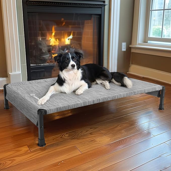 Veehoo Cooling Outdoor Dog Bed, Heavy Duty Elevated Pet Bed with Washable &amp; Breathable Teslin Mesh, Non-Slip Silicon Feet, Dog Cot Bed with Support Hem, 41" x 27", Black Silver, CWC2433