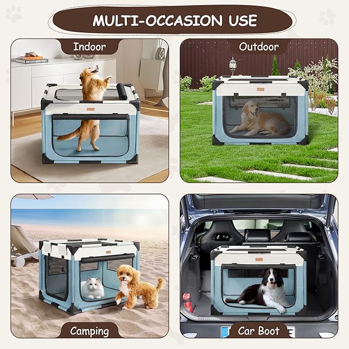 Dog Crate - Soft Pet Kennel for Dogs/Cats, 3-Door Breathable Travel Cage with Mesh Window, Portable Dog Kennel for Indoor &amp; Outdoor, Blue-XL