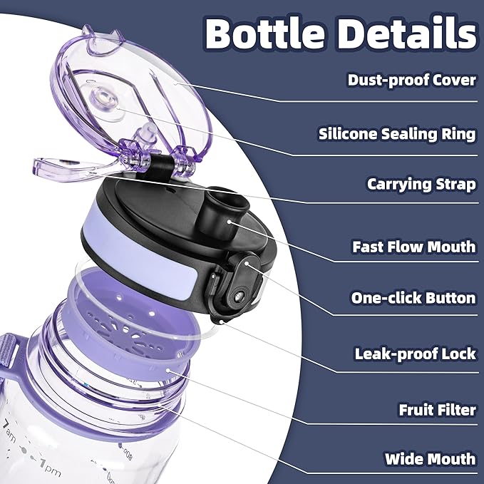 OLDLEY 32 oz Water Bottle, Motivational Water Bottle with Time Marker, Sports Water Bottle With Strap, Leakproof &amp; BPA Free Large Water Bottles for School,Gym,Outdoor, Tritan, Transparent-Purple