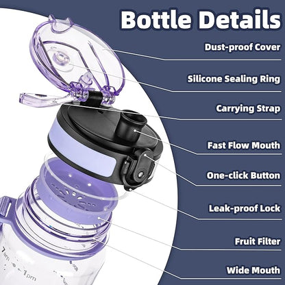 OLDLEY 32 oz Water Bottle, Motivational Water Bottle with Time Marker, Sports Water Bottle With Strap, Leakproof &amp; BPA Free Large Water Bottles for School,Gym,Outdoor, Tritan, Transparent-Purple
