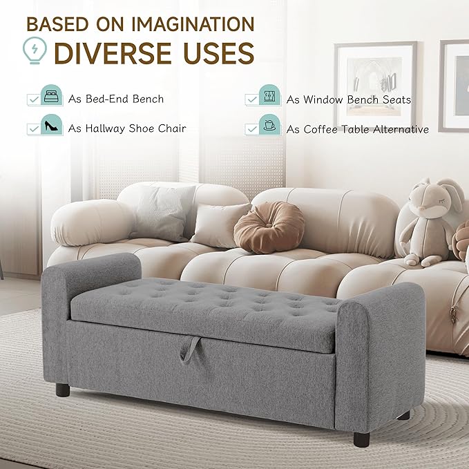 Ottoman with Storage, Tufted Storage Bench for Bedroom, 48" Fabrics End of Bed Bench, Upholstered Entryway Shoe Benches with Rolled Arm &amp; Inner Zipper, Window Ottomans Chest without Rivets, Dark Grey