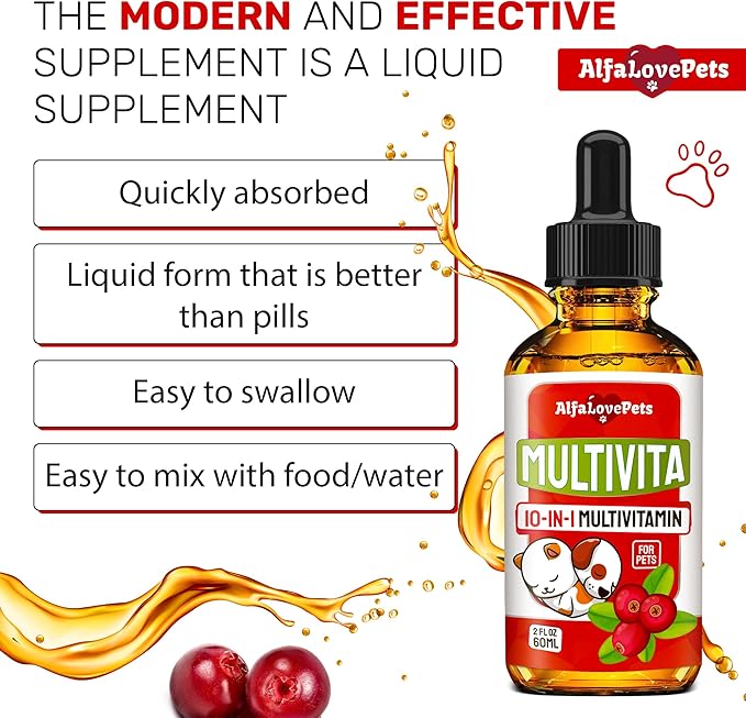 Liquid Multivitamin for Dogs – Cat Multivitamins for Indoor Cats – 10-in-1 Liquid Dog Vitamins B Complex, C, D3 – Digestion, Urination, Hip &amp; Joint, Skin &amp; Coat – Cranberry Flavor – 2 Oz