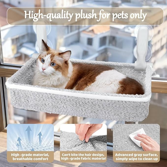 Cat Window Perch &amp; Hammock - Exquisite Sofa Fabric, Safe &amp; Comfortable Design with 4 Strong Suction Cups - Ideal for Large Cats (High Grade Gray, Large)