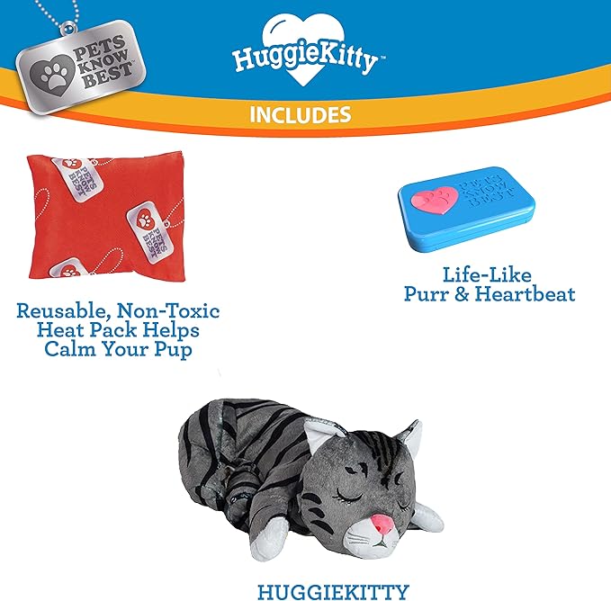 Pets Know Best HuggieKitty | Comfort Purring Companion with Heartbeat Sleep Aide for Cats &amp; Kittens, Heating for Calming Relief, Carrier &amp; Behavioral Training Essential, Breeds, Grey