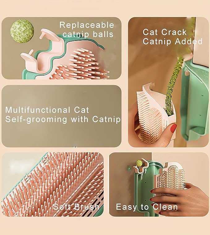 Catnip Toys for Indoor Cats 2 Pack, Stick on Wall Cat Brush with Catnip Ball Toys, 2 in 1 Massage &amp; Self Groomer, Corner Brush