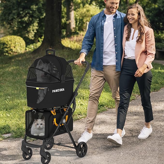 PAWZIDEA Double Pet Stroller with 2 Detachable Carriers, Portable Dog Crate for Car Travel &amp; TSA-Approved Expandable Cat Carrier, Foldable Lightweight Jogger Stroller for 2–4 Cats or Small/Medium Dogs