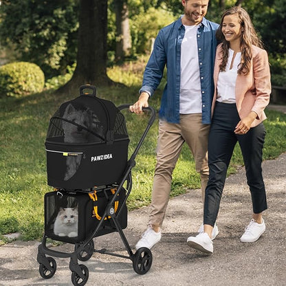 PAWZIDEA Double Pet Stroller with 2 Detachable Carriers, Portable Dog Crate for Car Travel &amp; TSA-Approved Expandable Cat Carrier, Foldable Lightweight Jogger Stroller for 2–4 Cats or Small/Medium Dogs