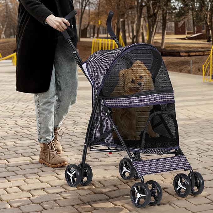 Magshion Compact Pet Stroller for Small-Medium Dogs/Cats up to 22lbs, 4-Wheel Lightweight Umbrella Shaped Portable Puppy Travel Jogger with Breathable Mesh &amp; Rear Storage, Plaid