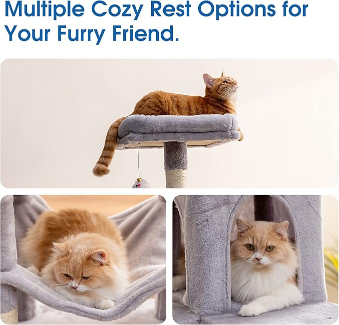 MWPO 70.1-Inch Large Cat Tree, Multi-Level Tall Cat Tower for Indoor Cats, Plush Cat Condo with Big Padded Perches, Sisal-Covered Scratching Posts, Hammock, Toys for Kittens &amp; Cats - Light Grey