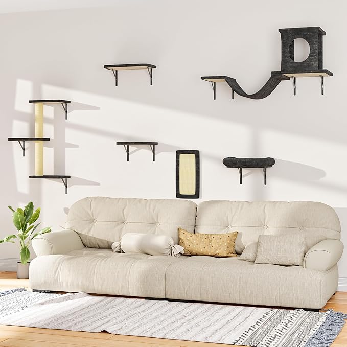 NUNU LAB Wall Mounted Cat Furniture, 6 Pcs Cat Wall Shelves with Condo House, Bridge, Steps, Scratcher, Hammock, Indoor Safe &amp; Stable Furniture for Kittens Play, Dark Gray