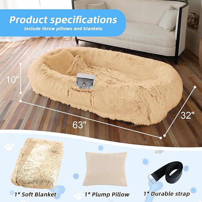Human Dog Bed for Adults &amp; Pets, 63"x32"x10" XL Faux Fur Nap Bed with Pillow, Blanket &amp; Strap, Orthopedic Washable Lounger for Sleeping, Relaxing, Cuddling – Beige