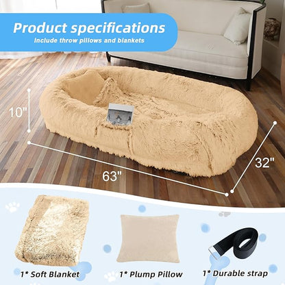 Human Dog Bed for Adults &amp; Pets, 63"x32"x10" XL Faux Fur Nap Bed with Pillow, Blanket &amp; Strap, Orthopedic Washable Lounger for Sleeping, Relaxing, Cuddling – Beige