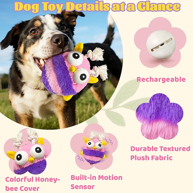 Moving Dog Toys – Rechargeable Interactive Dog Squeaky Toy with Motion-Activated Ball, Music, Recording &amp; Silent Modes – Self-Play Toy for Small, Medium &amp; Large Breeds (Bee)