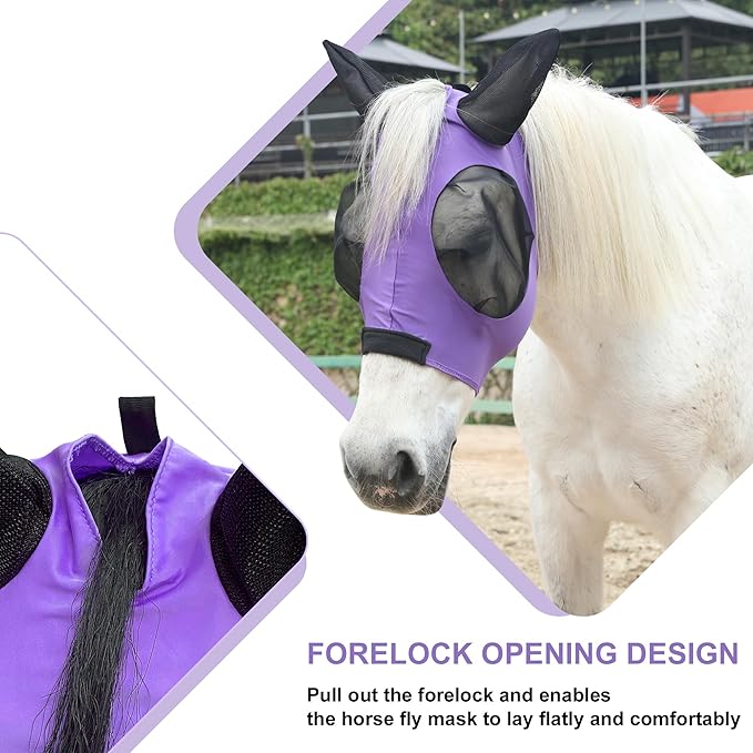 Stretchy Horse Fly Mask for Horses, Soft Lycra Equine Mesh Mask, Elasticity Horse Face Covering, Breathable&amp;UV Protection, Violet, Full