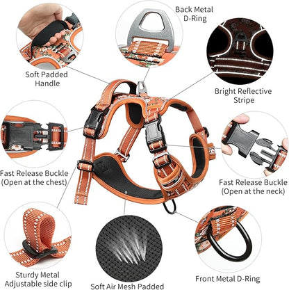 Timos Dog Harness for Large Dogs, No Pull Service Vest with Reflective Strips and Control Handle,No Choke Dog Harness with 2 Metal Rings for Easy Walking,Outdoor Training,Flower Orange, XL