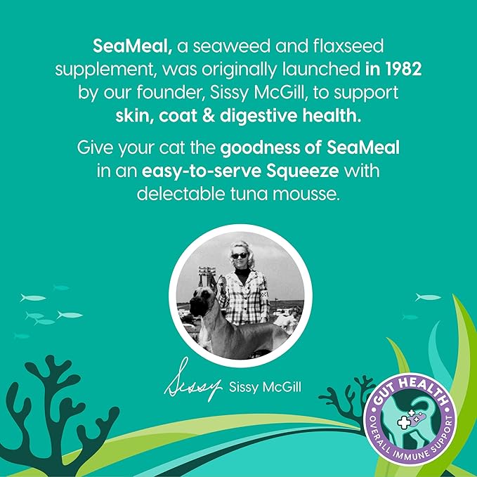 SeaMeal Squeeze Tuna Lickable Cat Treats with Seaweed for Skin &amp; Coat - Wet Cat Treats with Digestive &amp; Immune Health Support - Natural, Holistic, Grain Free (48 Squeezes)
