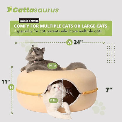 Cattasaurus Peekaboo Cat Cave for Multiple &amp; Large Cats Up to 30-45 Lbs, Scratch Detachable &amp; Washable Tunnel Bed, Comfy Donut Cat Cave (Pastel Macaron, Large)