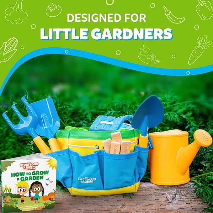Blue Kids Gardening Tools - Includes Sturdy Tote Bag, Watering Can, Gloves, Shovels, Rake, and Delightful Children&
