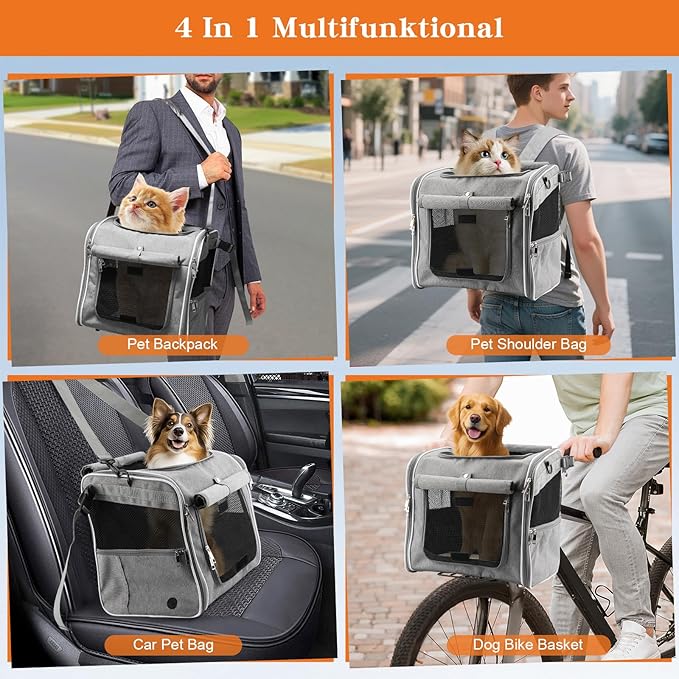 Xixter Dog Basket for Bike, Suitable for Small &amp; Medium Pet Up to 7 kg, Foldable 4-in-1 Pet Bike Basket, Crossbody, Shoulder and Car Seat, with Sturdy Bracket and 4 Mesh Windows, Gray