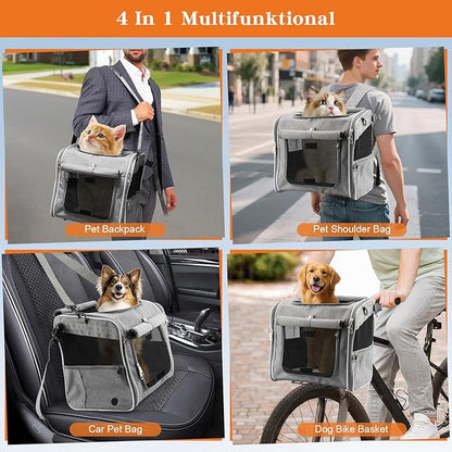 Xixter Dog Basket for Bike, Suitable for Small &amp; Medium Pet Up to 7 kg, Foldable 4-in-1 Pet Bike Basket, Crossbody, Shoulder and Car Seat, with Sturdy Bracket and 4 Mesh Windows, Gray