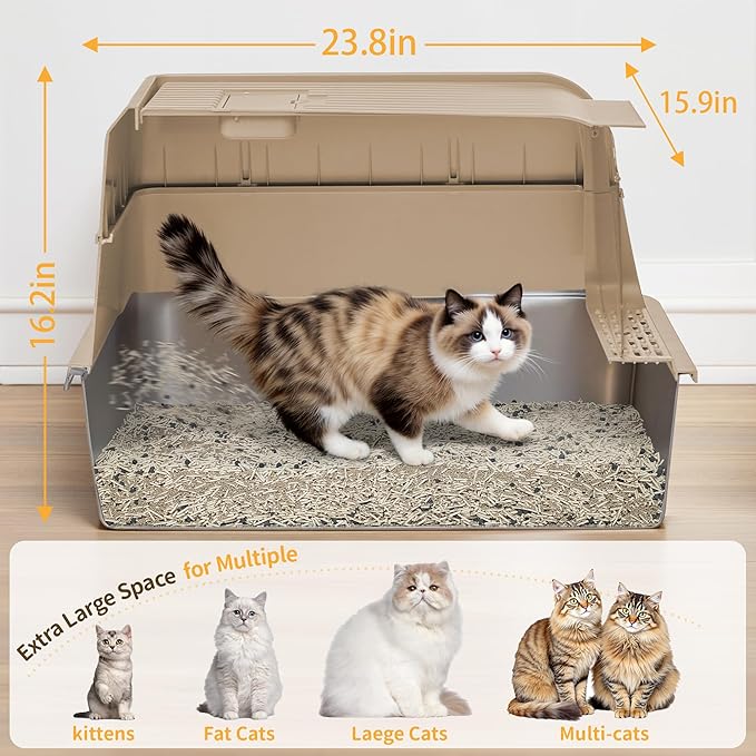 Stainless Steel Litter Box with Lid, XL Extra Large Cat Litter Box, Enclosed Metal Litter Pan with High Sided Enclosure &amp; Scoop, Anti Leakage, Easy to Clean, Odor Control(Khaki)