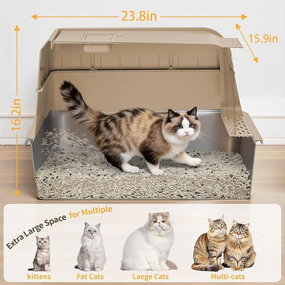 Stainless Steel Litter Box with Lid, XL Extra Large Cat Litter Box, Enclosed Metal Litter Pan with High Sided Enclosure &amp; Scoop, Anti Leakage, Easy to Clean, Odor Control(Khaki)