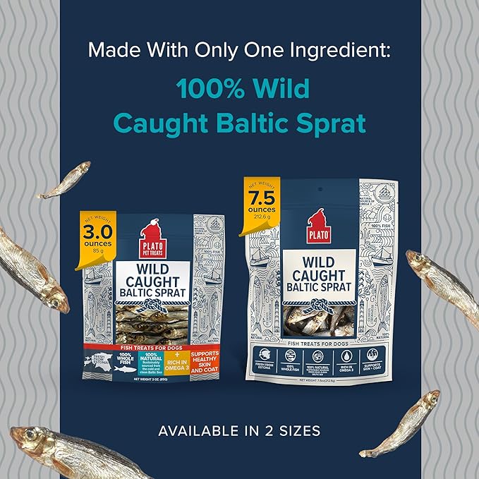 PLATO Pet Treats Fish Dog Treats - Air-Dried, Single Ingredient Dog Treat - with Omega 3 &amp; 6 Fatty Acids to Support Skin and Coat - 100% Whole Fish - Wild Caught Baltic Sprat Dog Treats - 7.5 oz