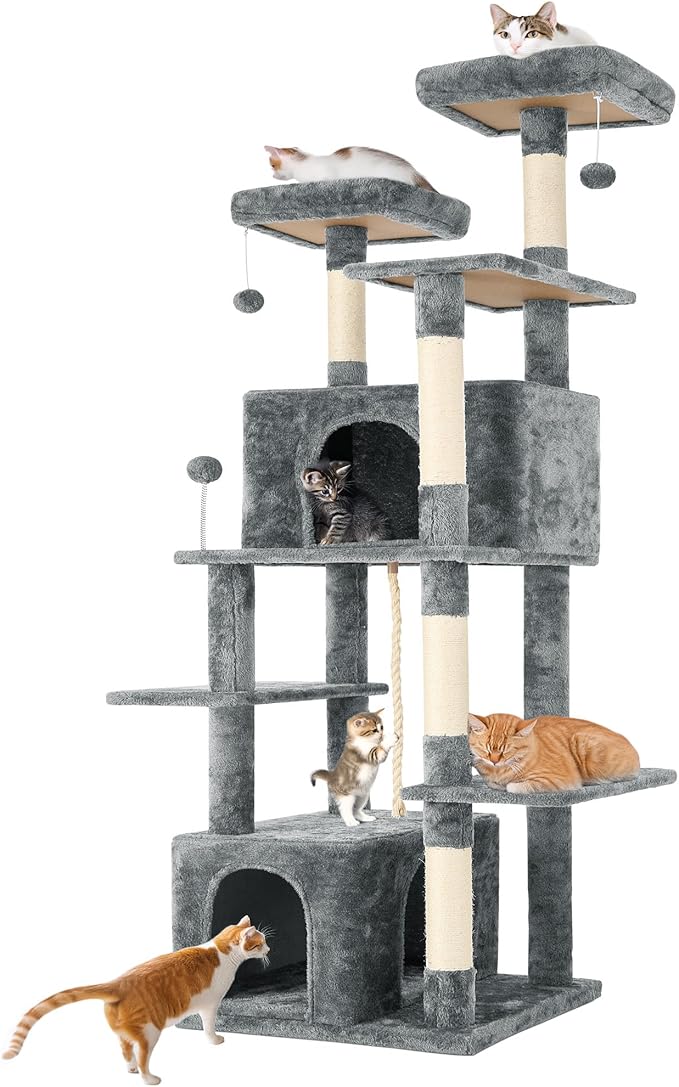 69in Large Cat Tree Tower for Indoor Cats with Soft Plush Hang Ball, Two Condos, Sisal Scratch Posts &amp; Rope Play for Kittens/Adult Cats, Grey