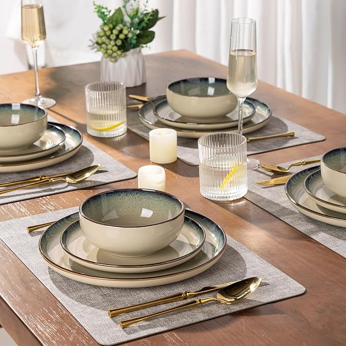 GBHOME Ceramic Dinnerware Sets for 4, 12 Pieces Stoneware Plates and Bowls Sets, Scratch Resistant Dishes, Dishwasher &amp; Microwave Safe, Reactive Glaze-Gravel