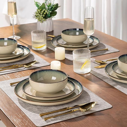 GBHOME Ceramic Dinnerware Sets for 4, 12 Pieces Stoneware Plates and Bowls Sets, Scratch Resistant Dishes, Dishwasher &amp; Microwave Safe, Reactive Glaze-Gravel