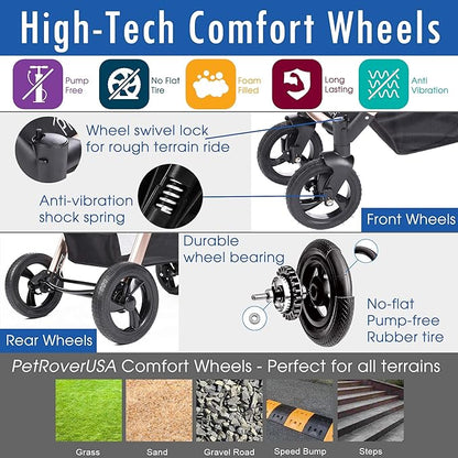 HPZ Pet Rover Prime 3-in-1 Luxury Dog/Cat Stroller (Travel Carrier + Car Seat +Stroller) with Detach Carrier/Pump-Free Rubber Tires/Aluminum Frame/Reversible Handle for Medium &amp; Small Pets (BLACK)