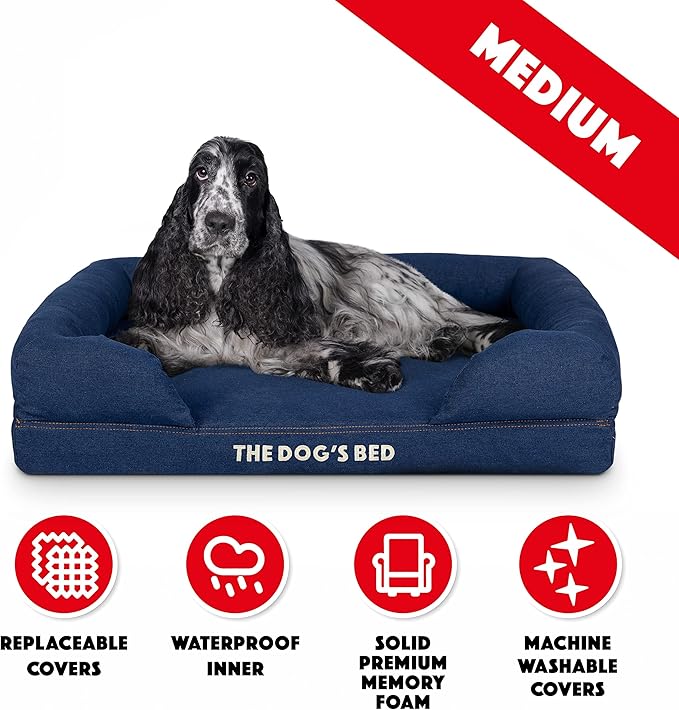 The Dog’s Bed, Med Blue Denim 30x23.5, Memory Foam, Pain Relief: Arthritis, Hip &amp; Elbow Dysplasia, Post Surgery, Lameness, Supportive, Calming, Waterproof Washable Cover, Veterinary Approved